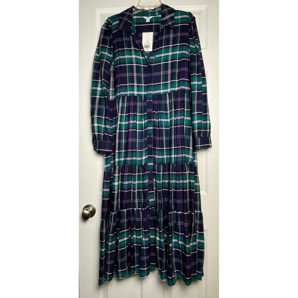 Crown & Ivy Women Plaid Tiered Button Front Maxi Dress Long Sleeve Emerald L NWT